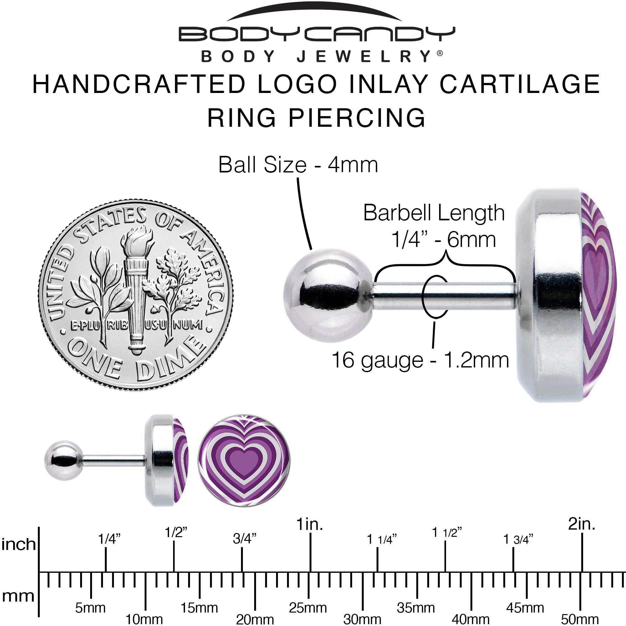 16G 1/4 Purple Retro Heart Tragus Cartilage Earring by Onyx O