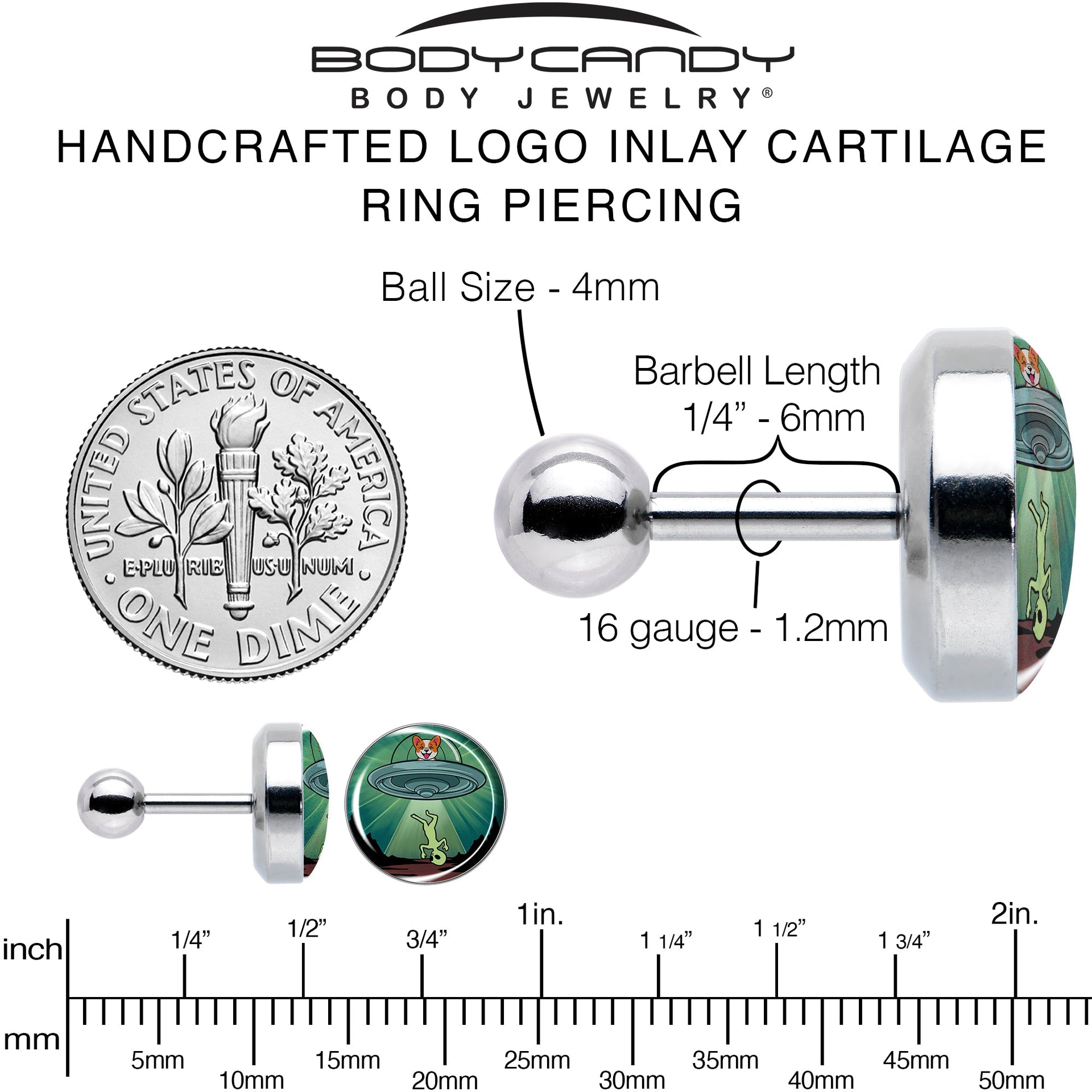 16G 1/4 Reverse Alien UFO Abduction Tragus Cartilage Earring by Onyx O