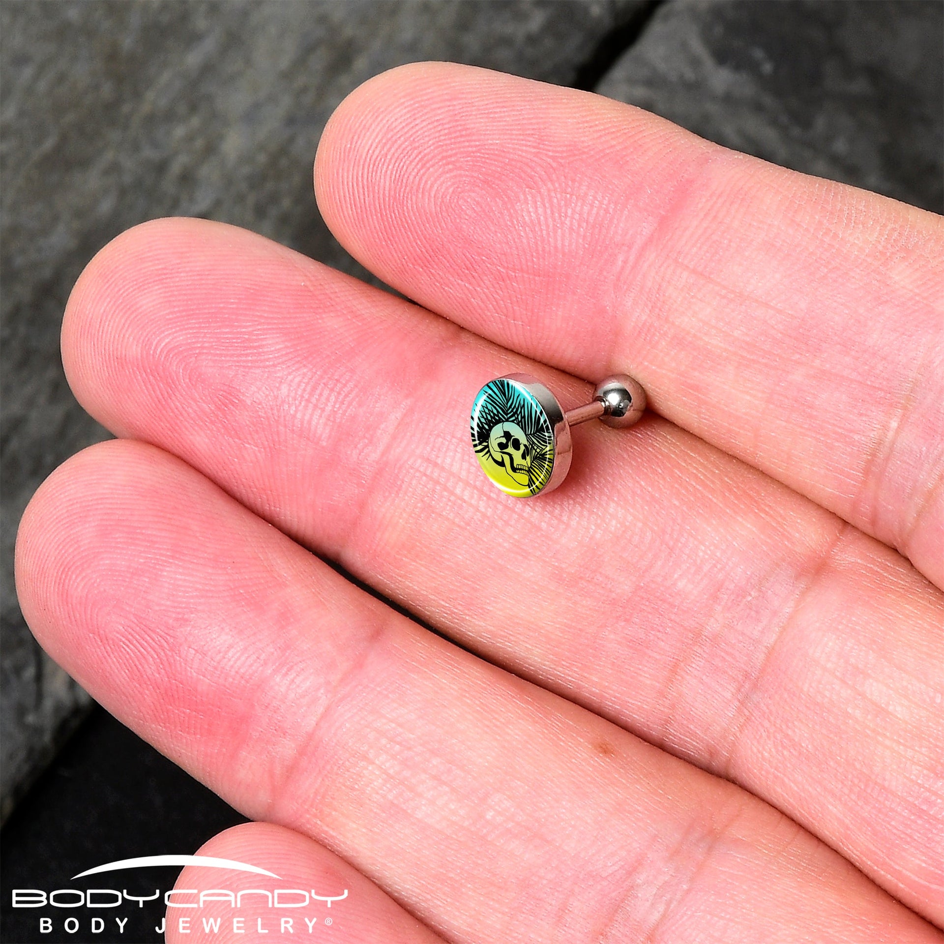16G 1/4 Blue Haze Sunset Skull and Palms Tragus Cartilage Earring by Onyx O