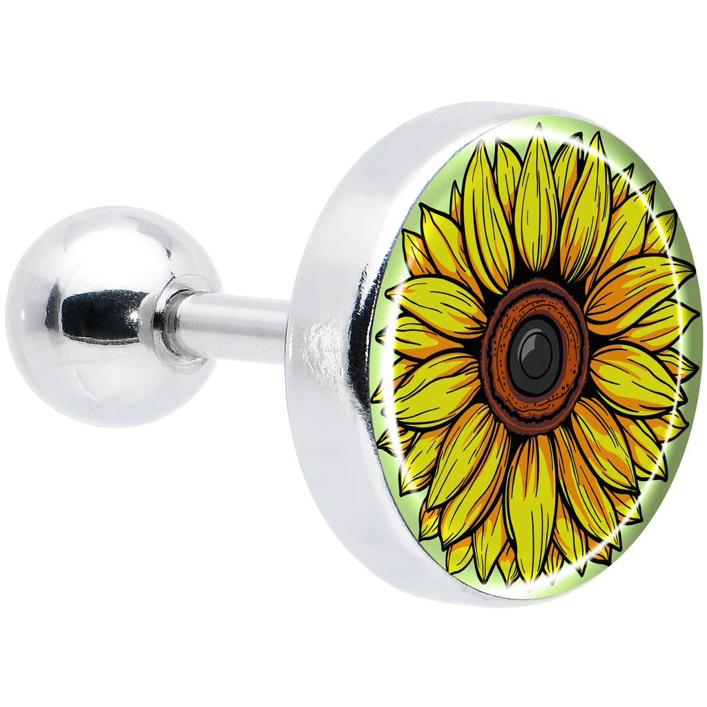 Close-up of a yellow sunflower tragus cartilage earring made from surgical steel, showcasing the intricate floral design and shiny metal.
