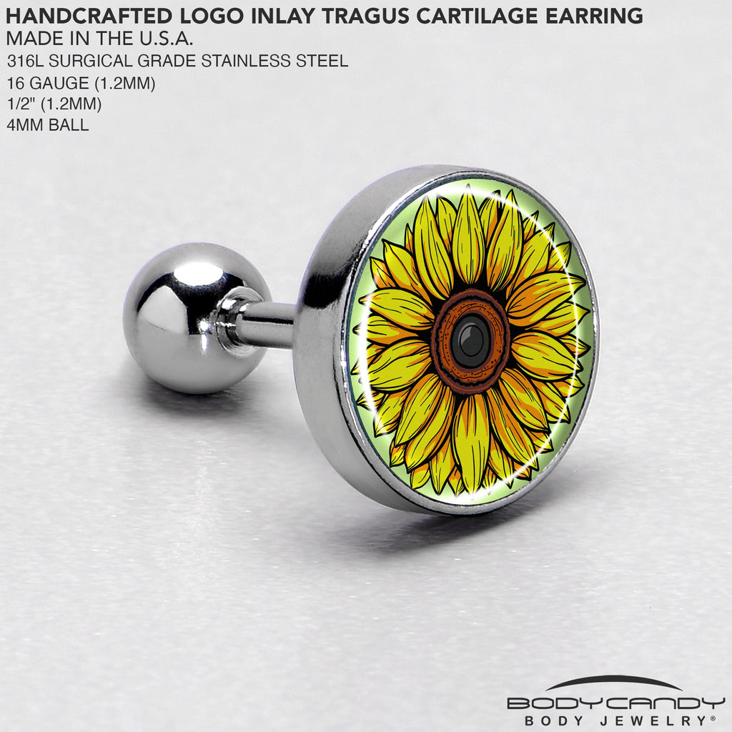 Yellow Sunflower Tragus Earring, 16G Surgical Steel Cartilage Piercing - Image 4