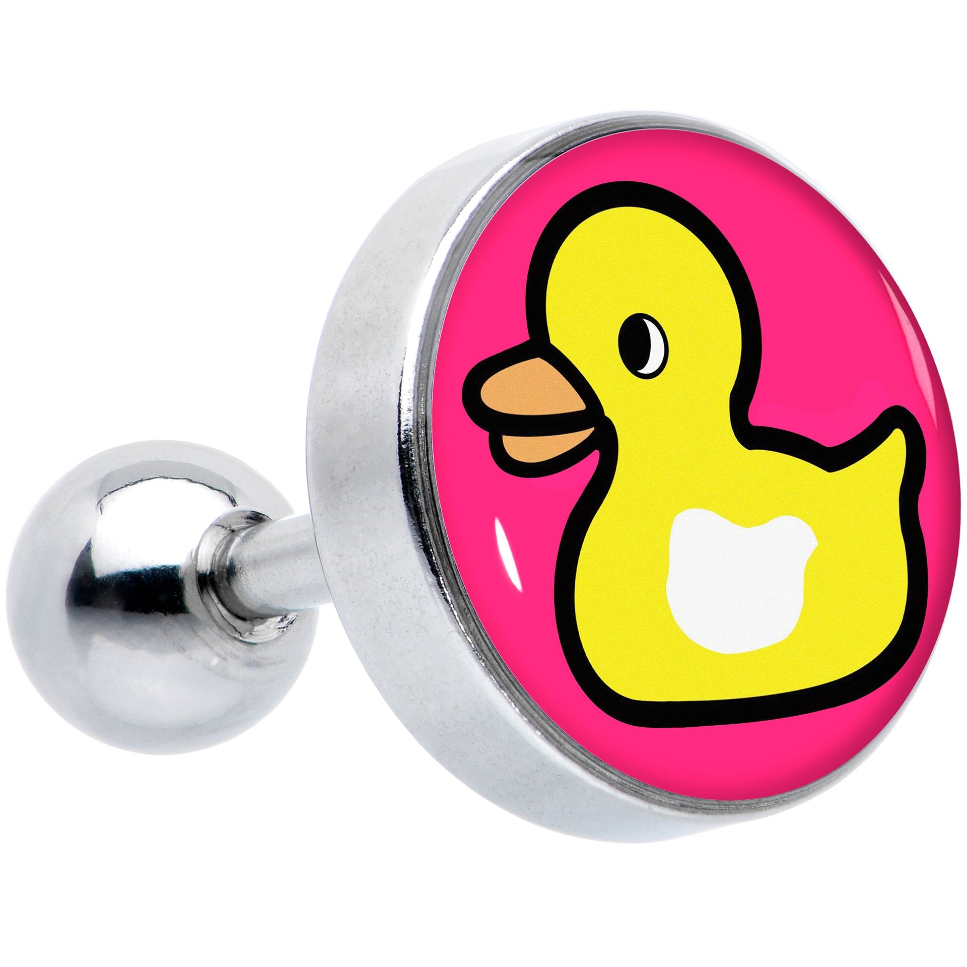 16G tragus earring featuring a yellow rubber duck design on a bright pink circular background with a stainless steel barbell