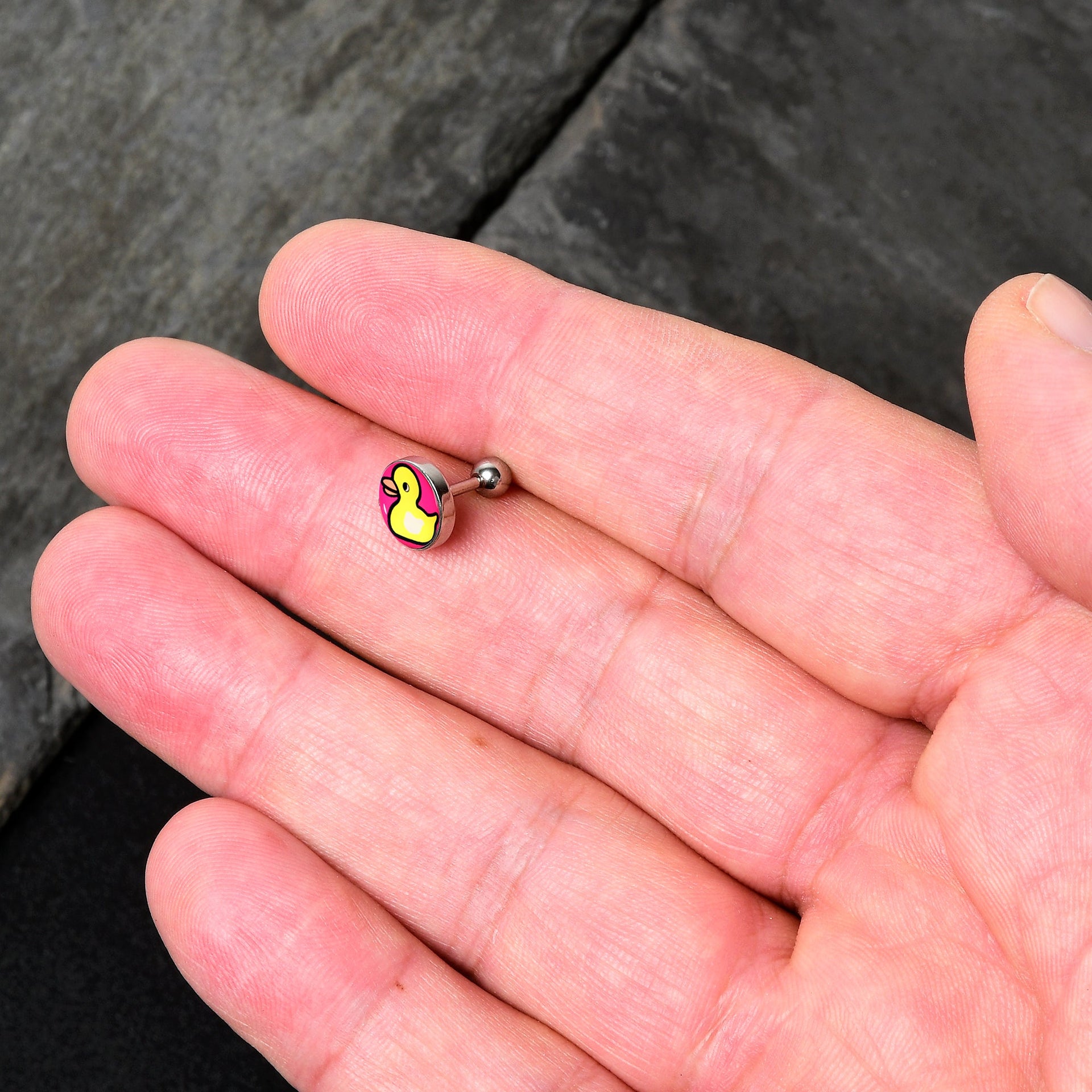 Yellow Ducky Pink Background 16G Cartilage Tragus Stud Earring - Image 3