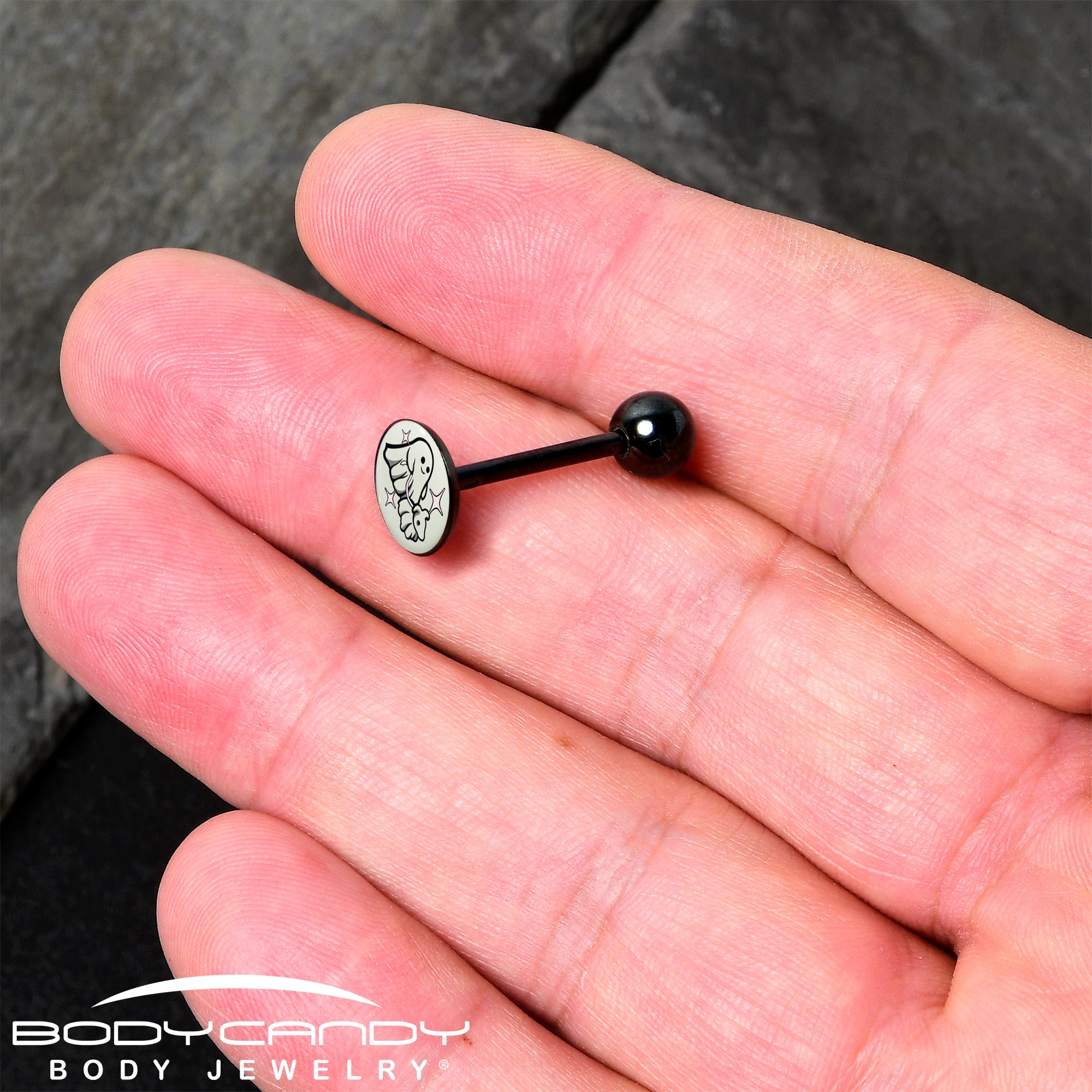 Glow in the Dark Black Anodized Halloween Ghost and Dog Barbell Tongue Ring by Onyx O