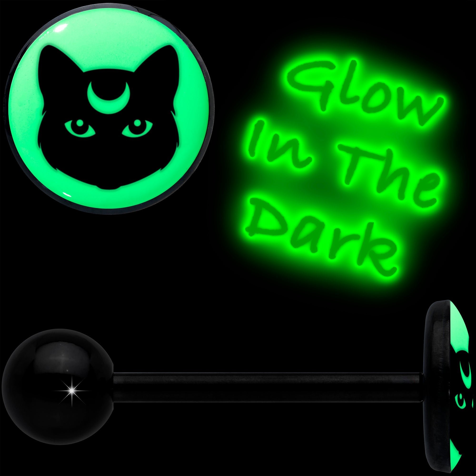 Glow in the Dark Black Anodized Mystic Kitty Cat Barbell Tongue Ring by Onyx O