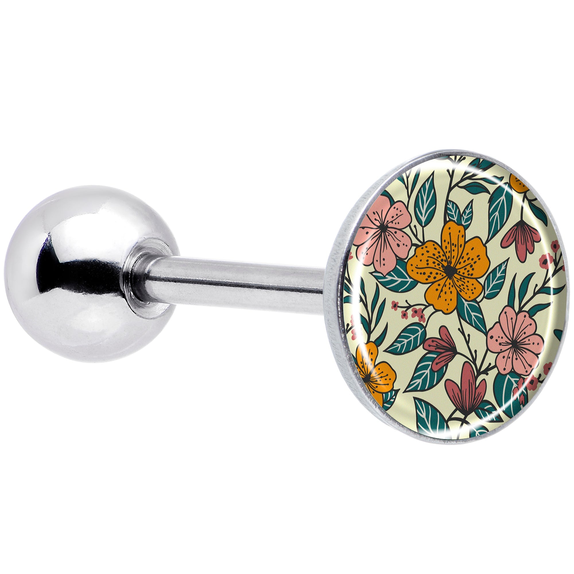 Close-up of a 14g straight barbell tongue ring featuring a circular end with a colorful hand-drawn wildflower floral pattern on a cream background.