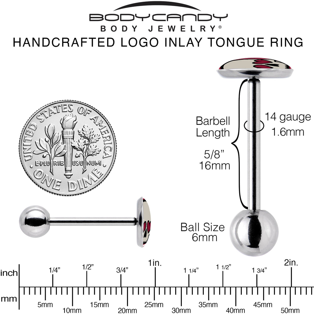 Valentine Heart Skull Barbell Tongue Ring