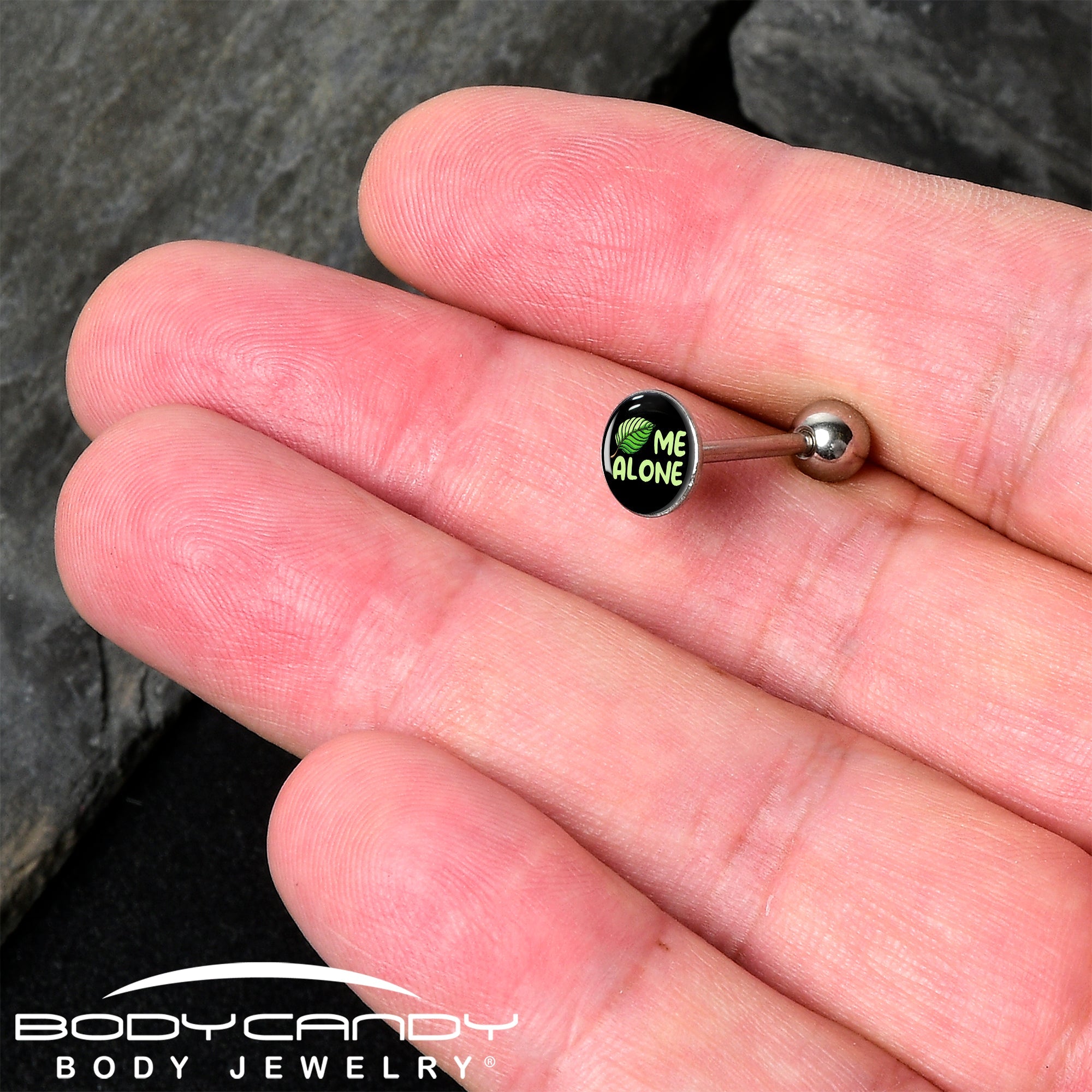 Black Green Leaf Me Alone Barbell Tongue Ring by Onyx O