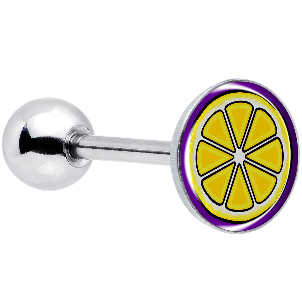 A silver-tone 14 gauge barbell tongue ring featuring a circular charm with a yellow lemon slice design on a purple background.