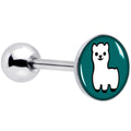 A 14 gauge tongue barbell with a white llama charm on a deep green circular background.