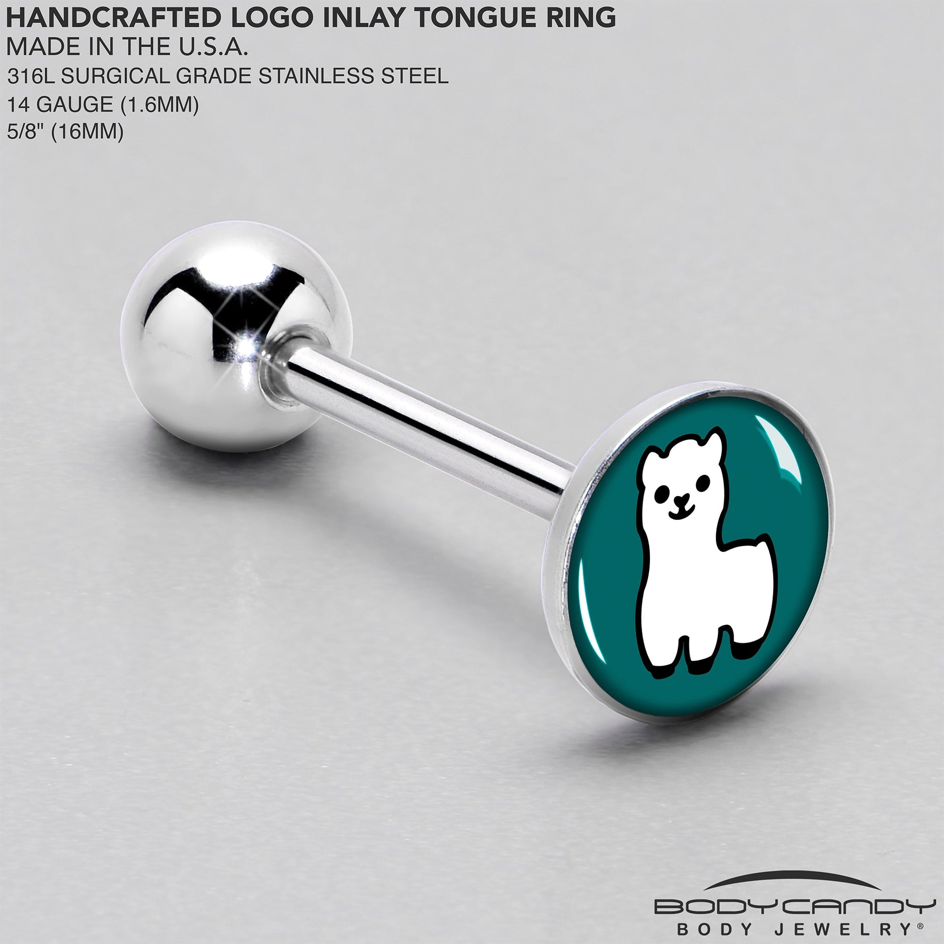 White Llama Charm 14 Gauge Tongue Ring Barbell - Image 4