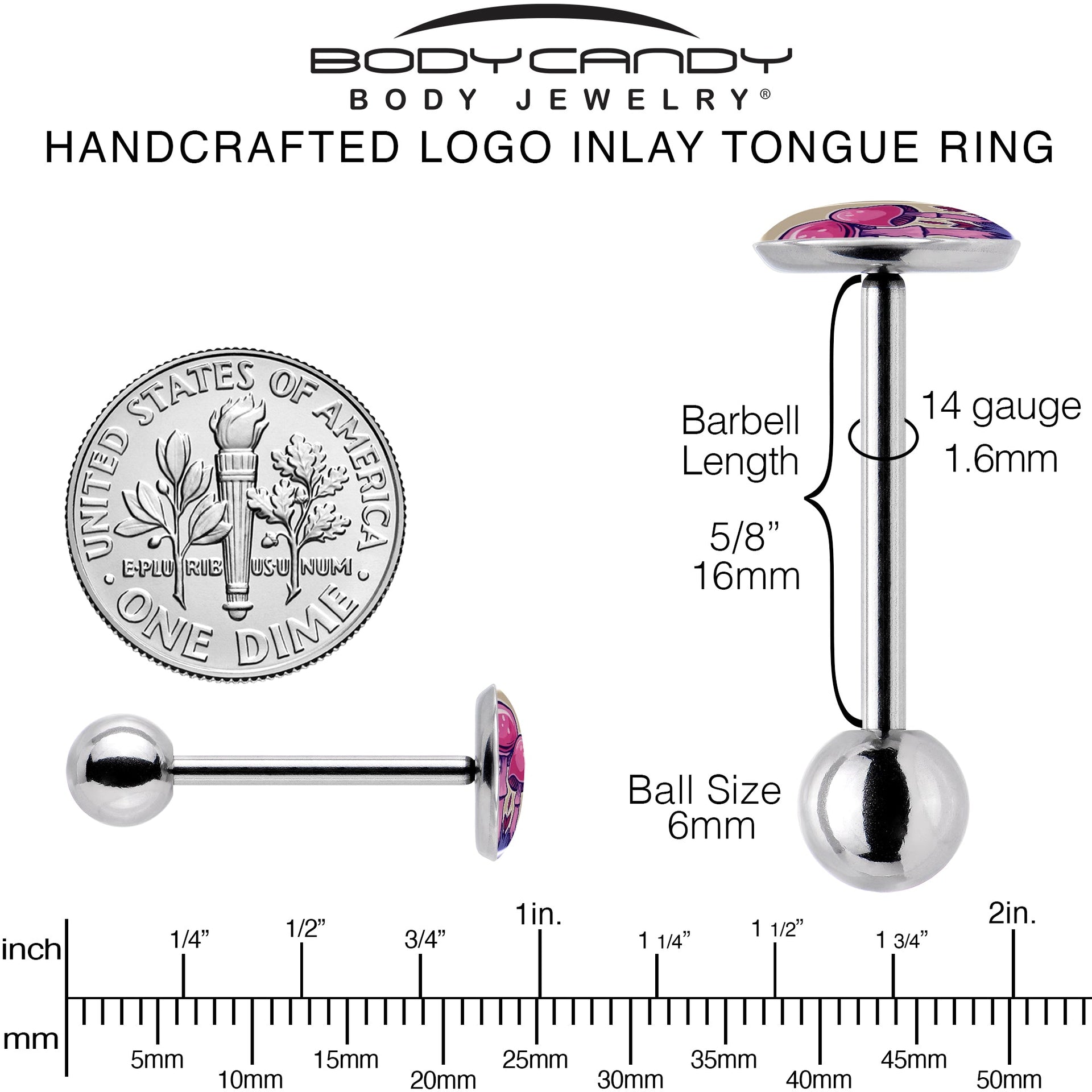 Artist Drawn Pink Mushrooms Barbell Tongue Ring by Onyx O