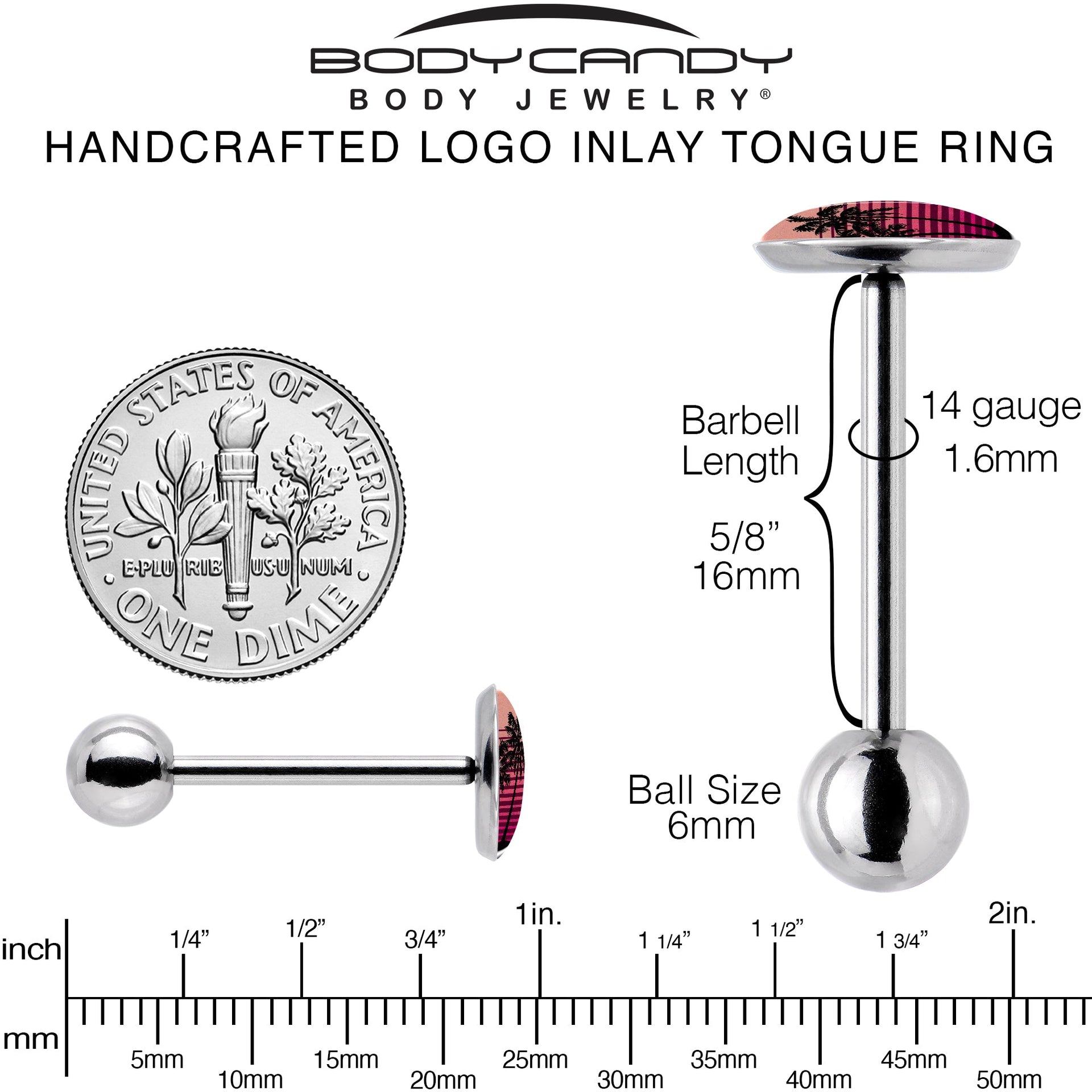 Palm Tree Retro Sunset Barbell Tongue Ring by Onyx O