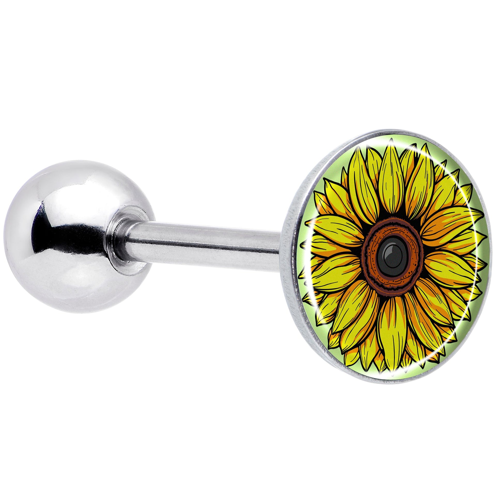 A close-up of a 14 gauge 316L surgical stainless steel tongue barbell with a hand-drawn yellow sunflower design on the top end.
