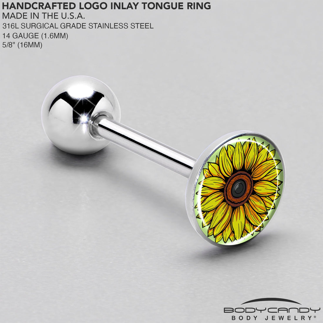 Yellow Sunflower Barbell Tongue Ring in 316L Surgical Steel - Image 4