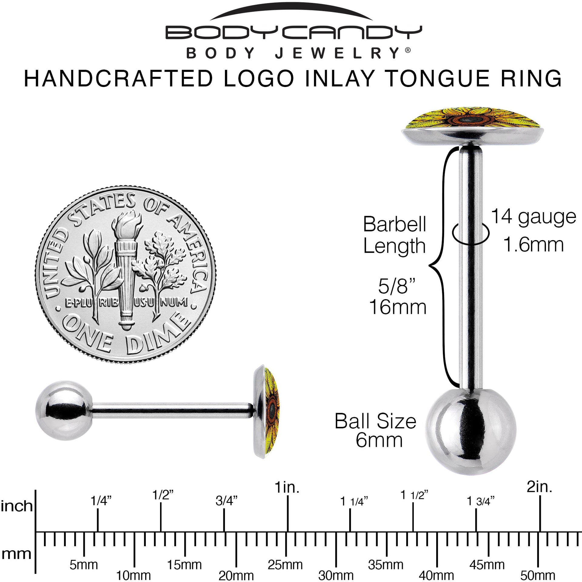 Yellow Sunflower Barbell Tongue Ring in 316L Surgical Steel - Image 5