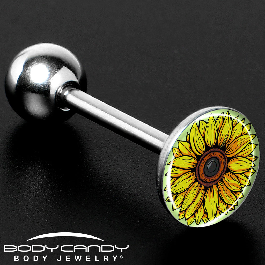 Yellow Sunflower Barbell Tongue Ring in 316L Surgical Steel - Image 8