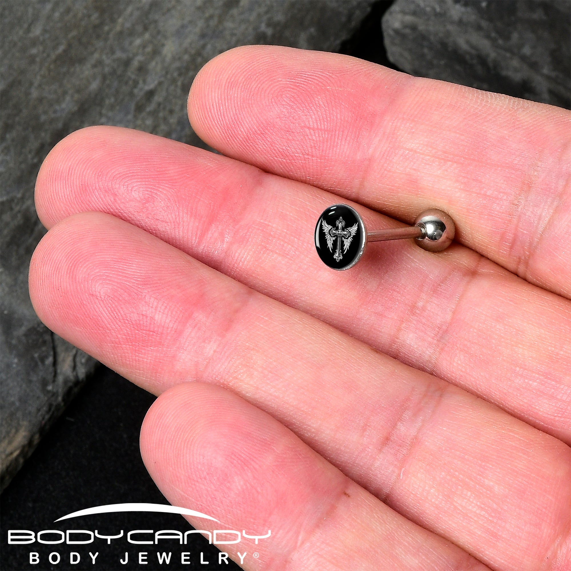 Black White Winged Cross Barbell Tongue Ring by Onyx O