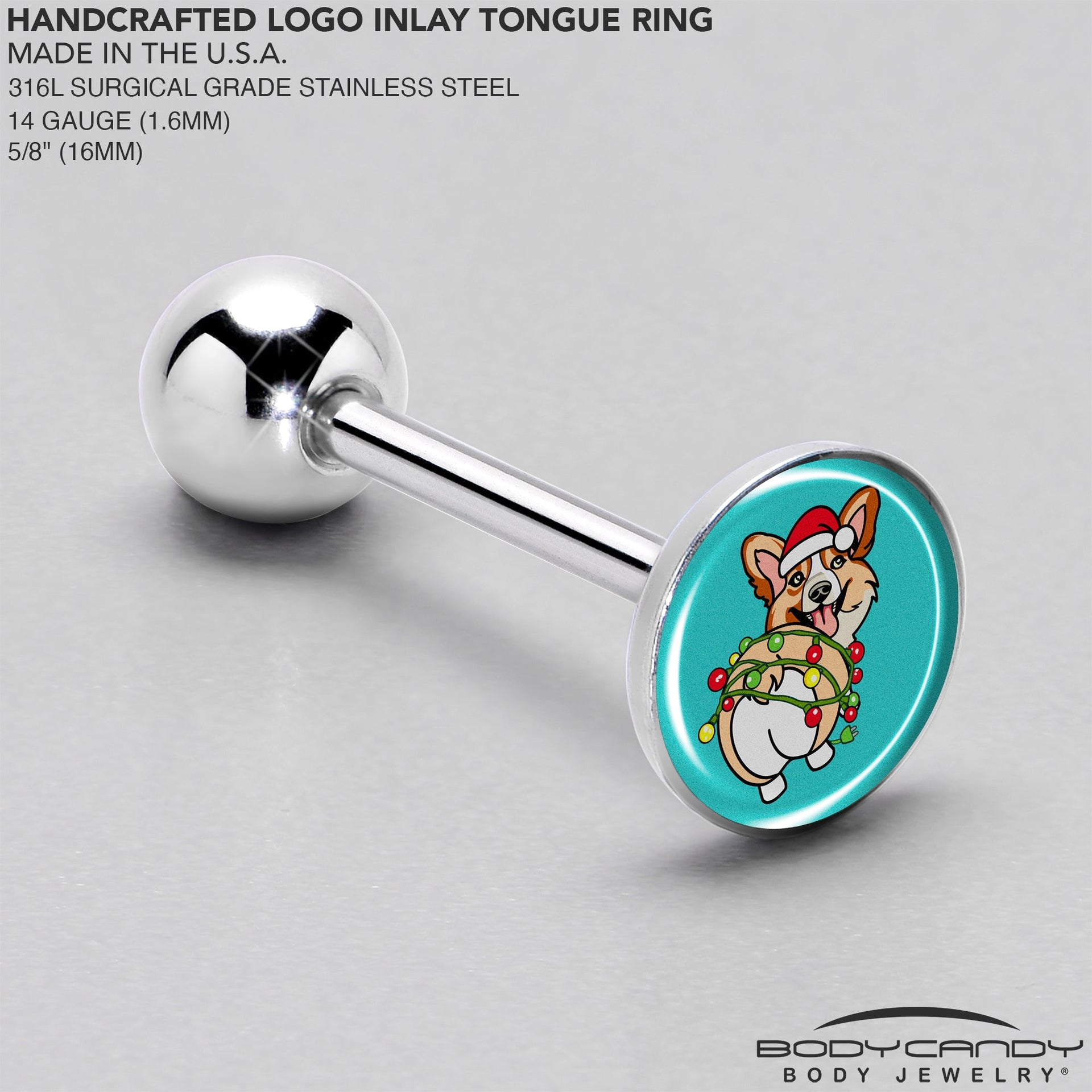 Christmas Holiday Lights Corgi Dog Barbell Tongue Ring by Onyx O