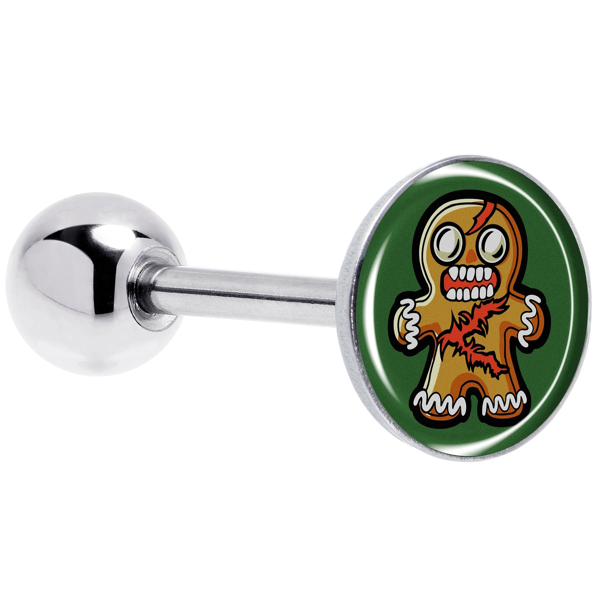 Close-up of a 14 gauge barbell tongue ring featuring a festive green circle with a cartoon zombie gingerbread man design.