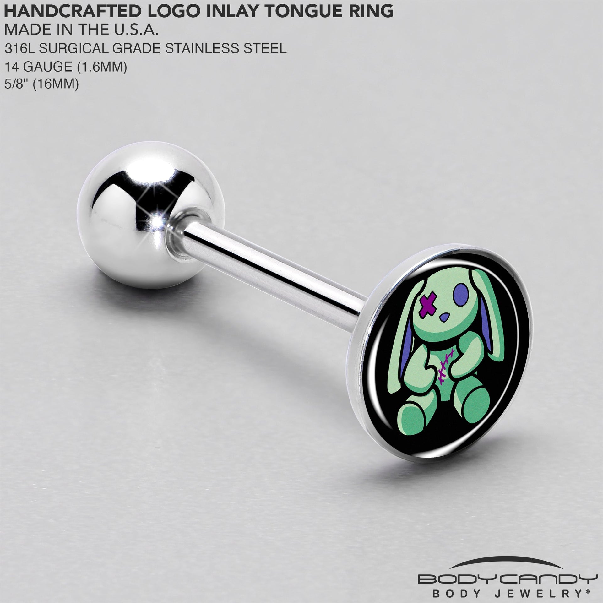 Zombie Bunny 14G Straight Barbell Tongue Ring Surgical Steel - Image 4