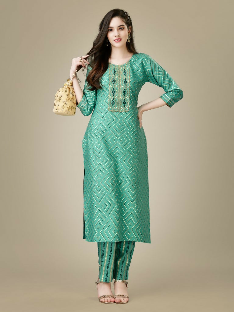 Pista Green rayon embroidered straight kurta and pant set for women