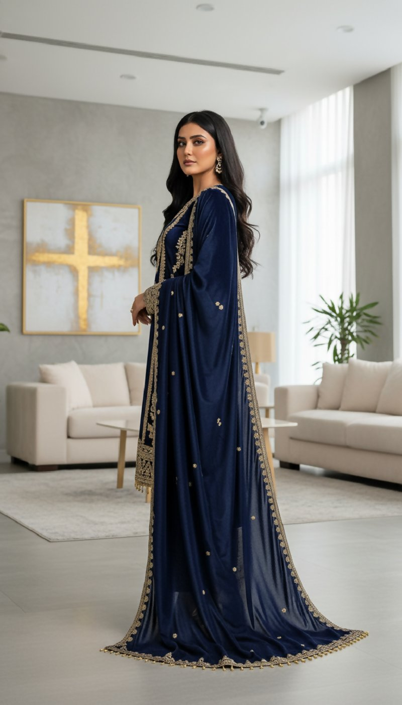 Blue Velvet Embroidered Sequence Work Readymade Kurta Set