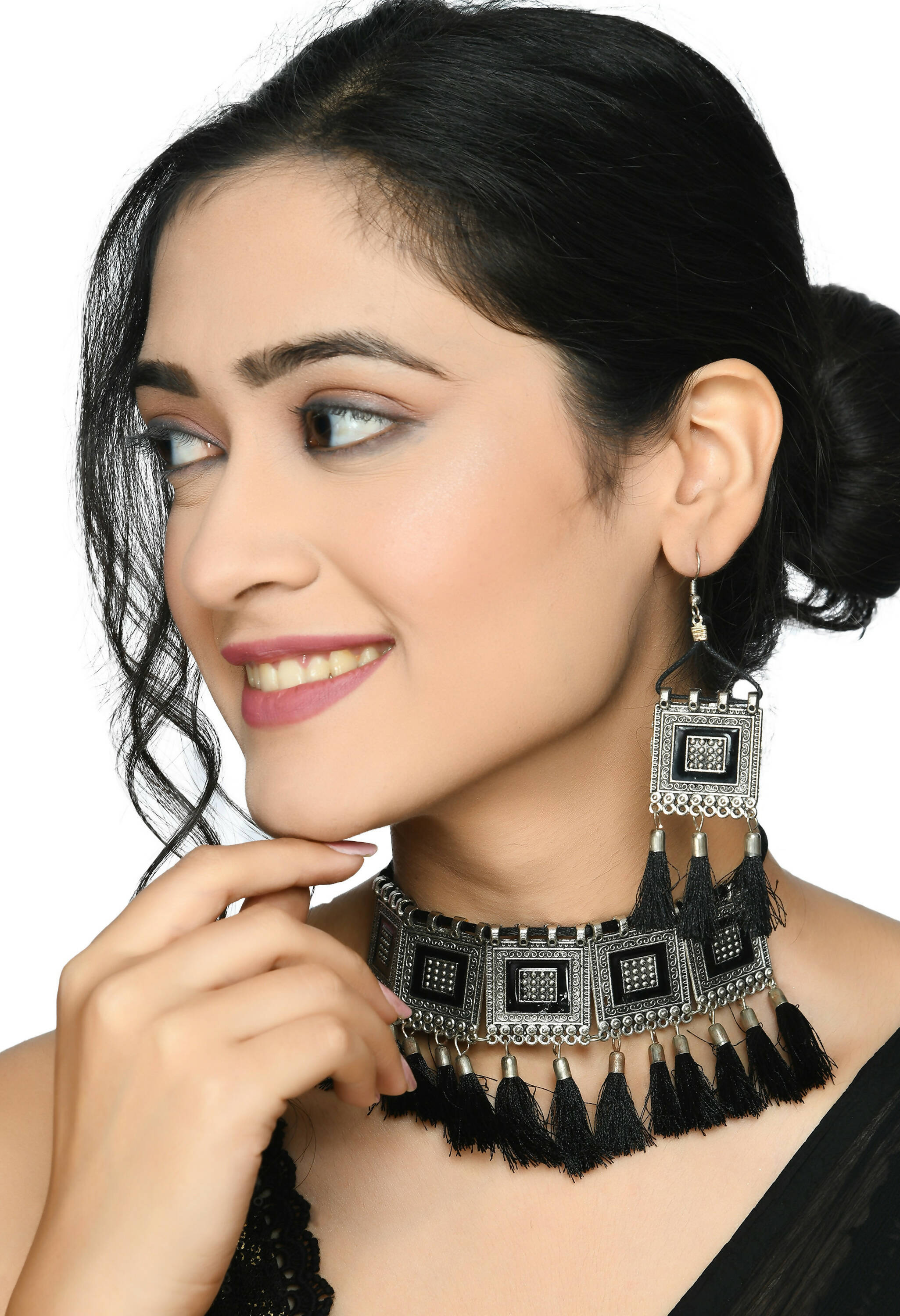 Oxidised Silver-Plated Brass Tassel Choker Necklace for Women