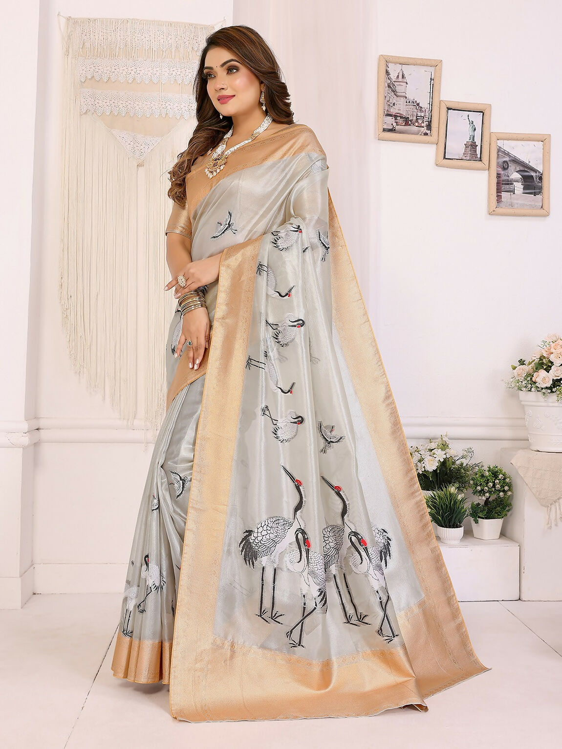 Golden Crane Pattern Banarasi Silk Saree with Unstitched Blouse