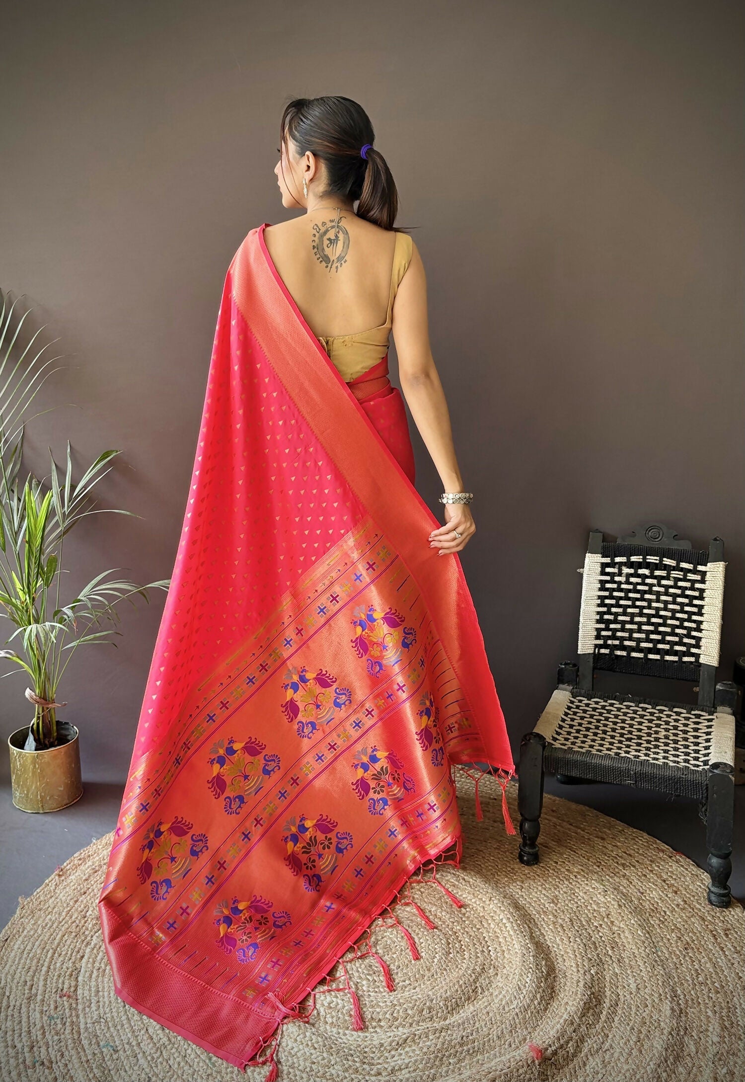 Hot Pink Jacquard Butti Soft Lichi Silk Paithani Saree