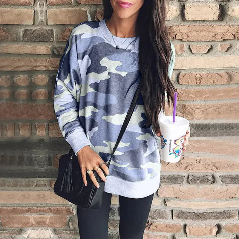 Women's Camouflage Print Round Neck Long Sleeve Pullover Sweatshirt - Image 19