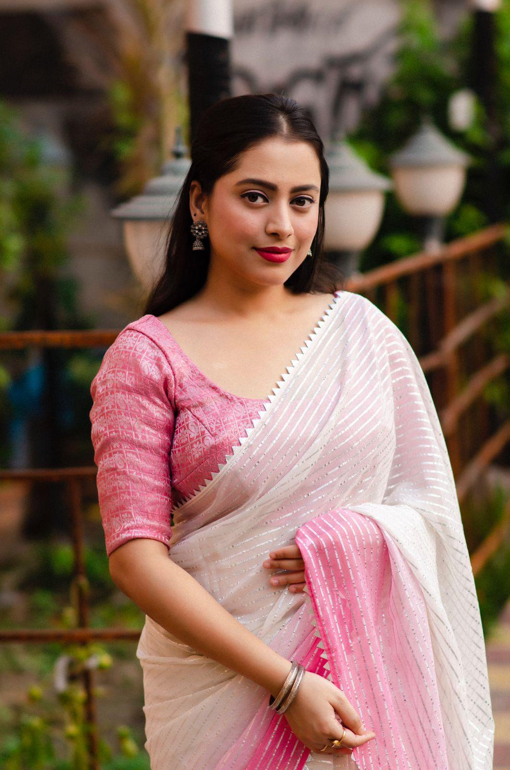 Pink Poly Chiffon Striped Saree with Patola Blouse