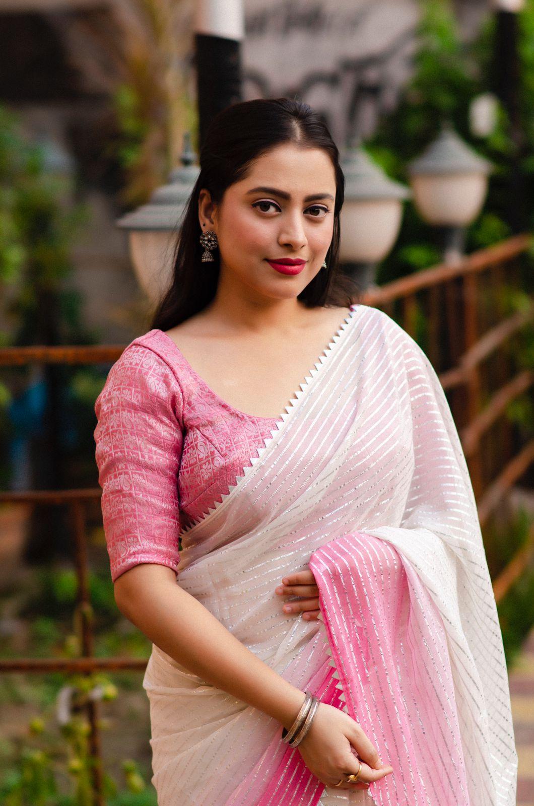 Pink Poly Chiffon Striped Saree with Patola Blouse