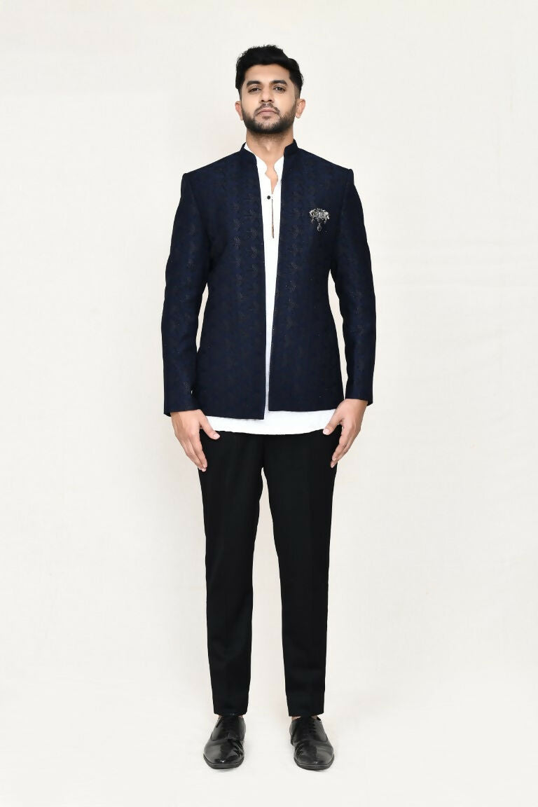 Men's White Imported Jacquard Open Prince Coat and Kurta Set