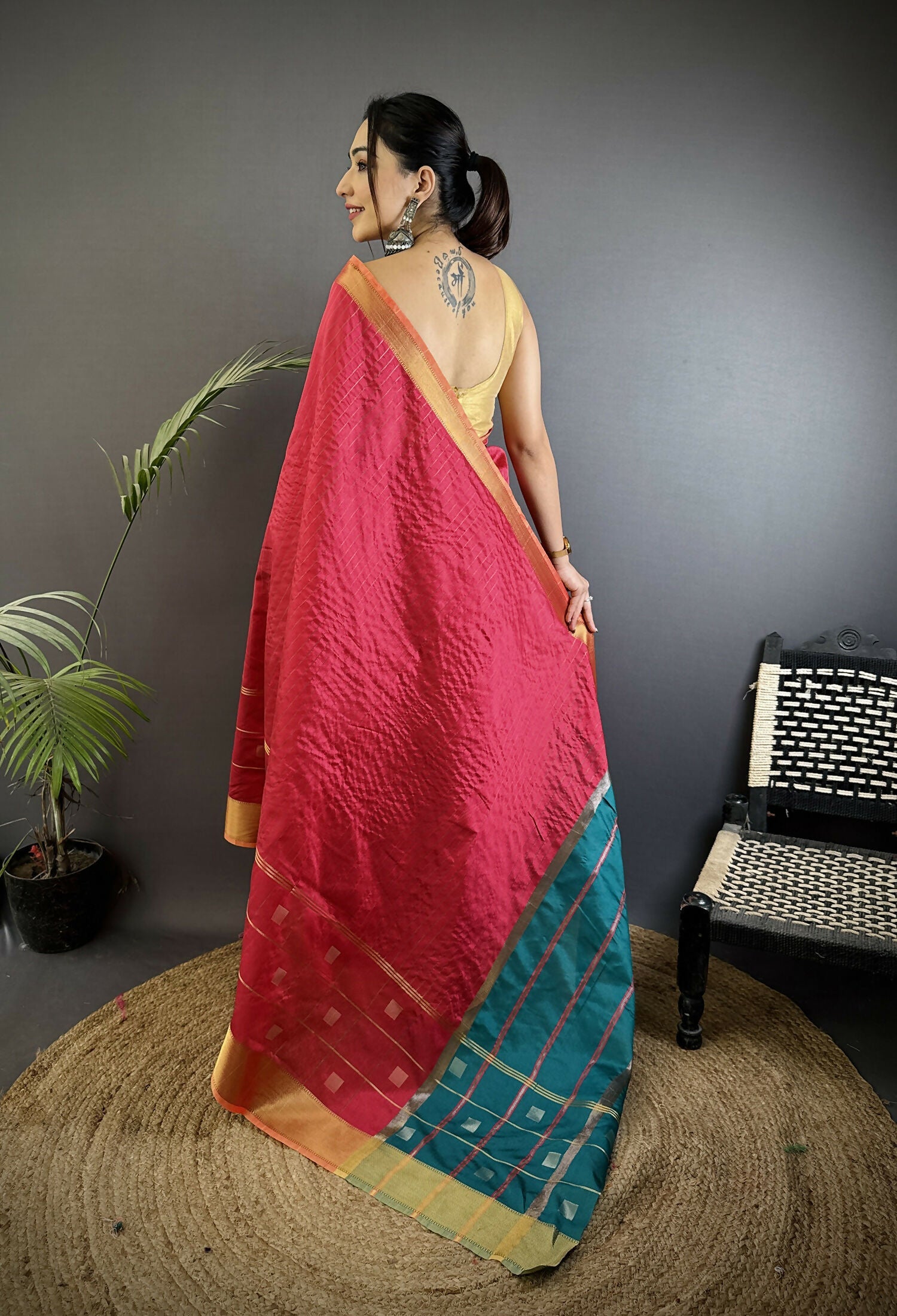Joban Fashion Hot Pink Bhagalpuri Cotton Silk Stripes/Box Saree