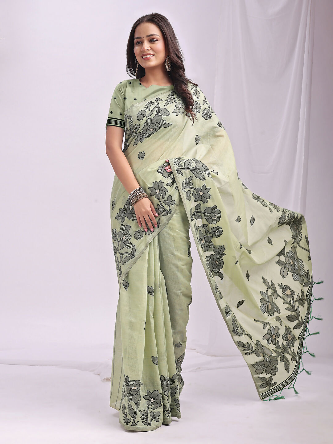 Kashira Light Green Linen Cotton Saree with Blouse Piece