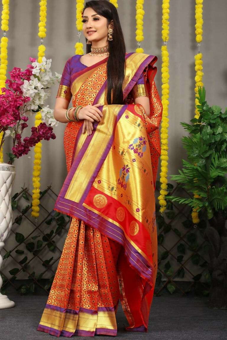 Maroon Banarasi Silk Saree with Zari Weave and Purple Blouse