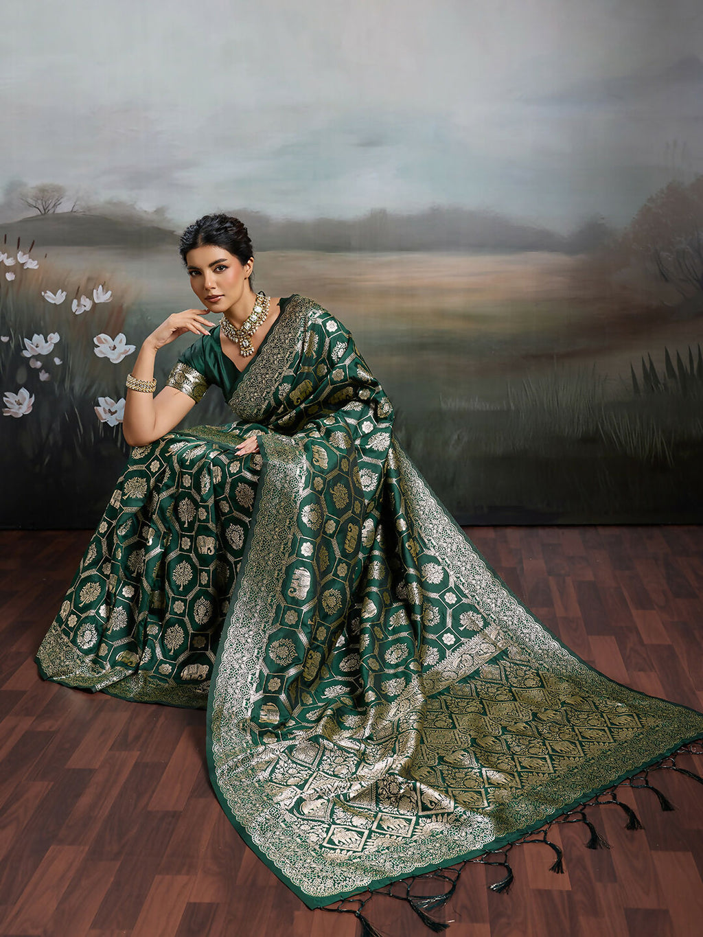 Bottle Green Silk Blend Saree with Matching Blouse Piece