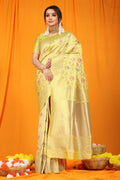 Cream Kanjivaram Silk Saree with elegant Zari woven patterns and matching blouse