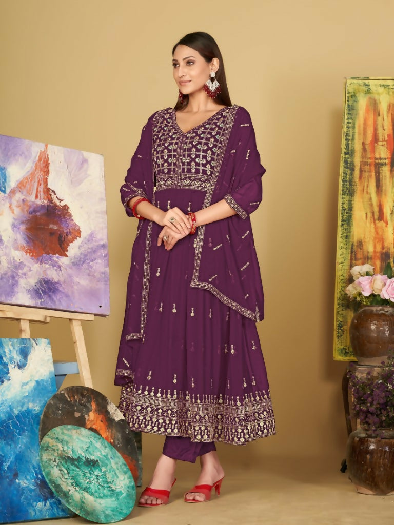 Purple georgette embroidered Anarkali kurta pant set with dupatta