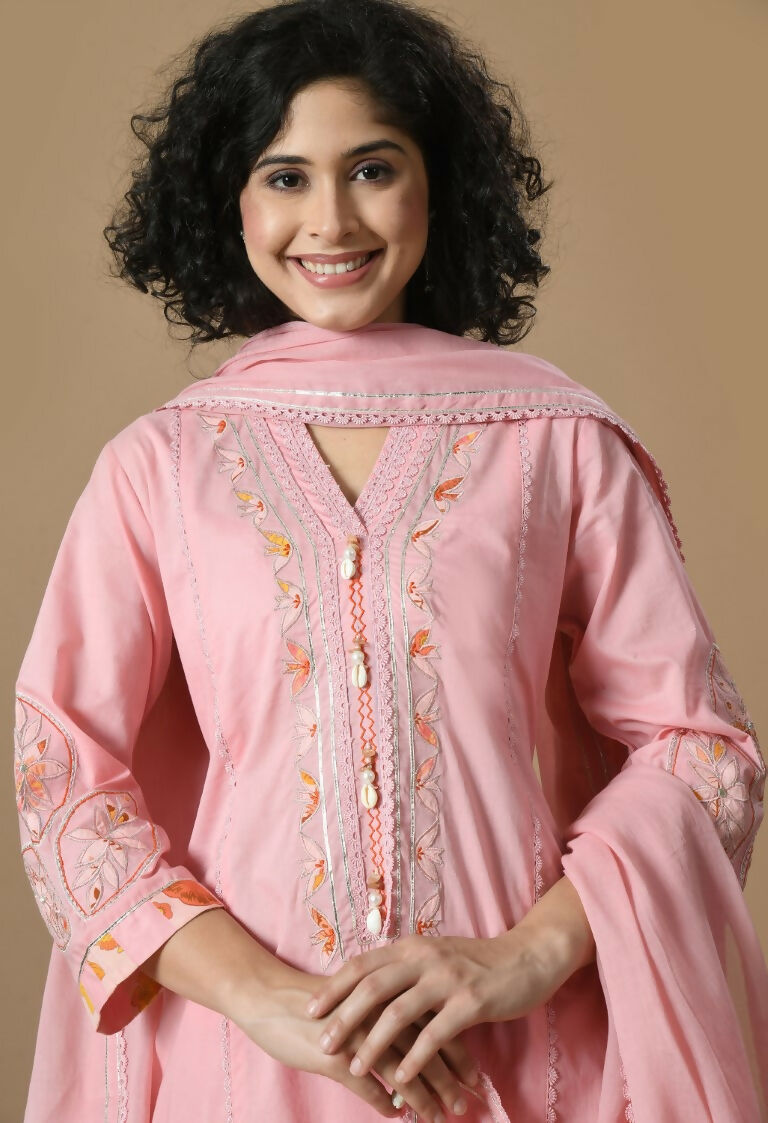 Pink Cotton Kurta Set with Organza Dupatta - 3 Piece Ethnic Set
