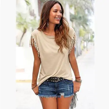 Women's Fringe Sleeve Casual T-Shirt Top - Image 9