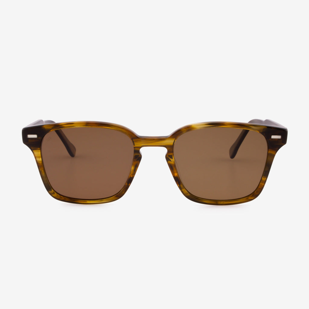 Close-up of Caladesi sunglasses showcasing the boxy acetate frame and wood grain detail on the temples.