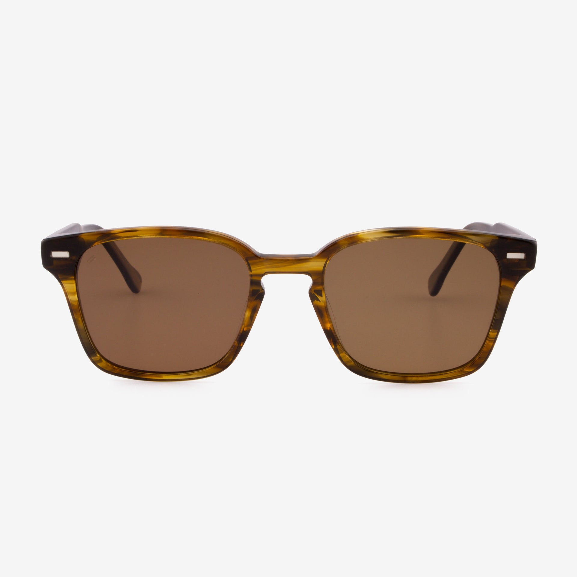 Close-up of Caladesi sunglasses showcasing the boxy acetate frame and wood grain detail on the temples.