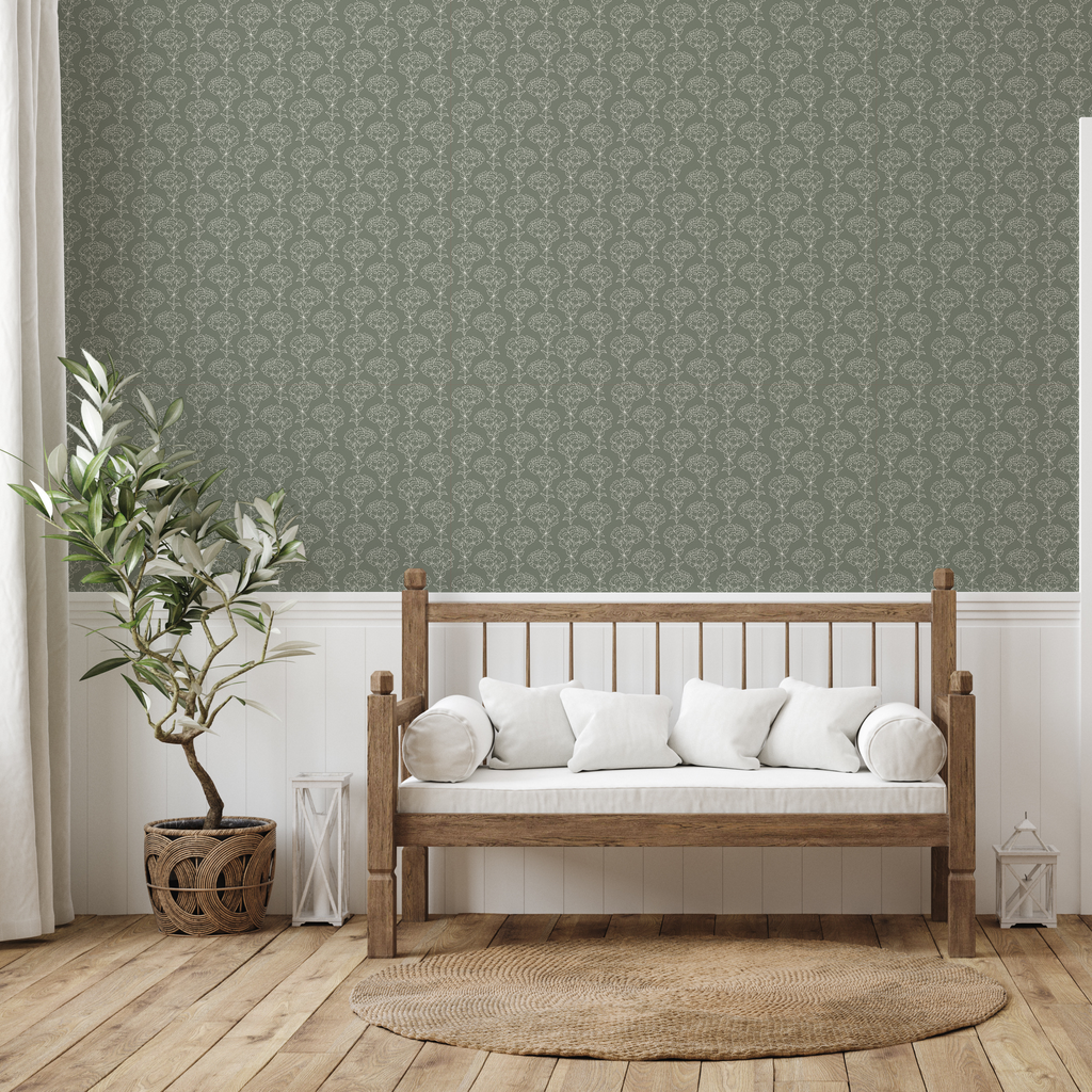 Calista sage green and off-white floral wallpaper with a cottagecore aesthetic