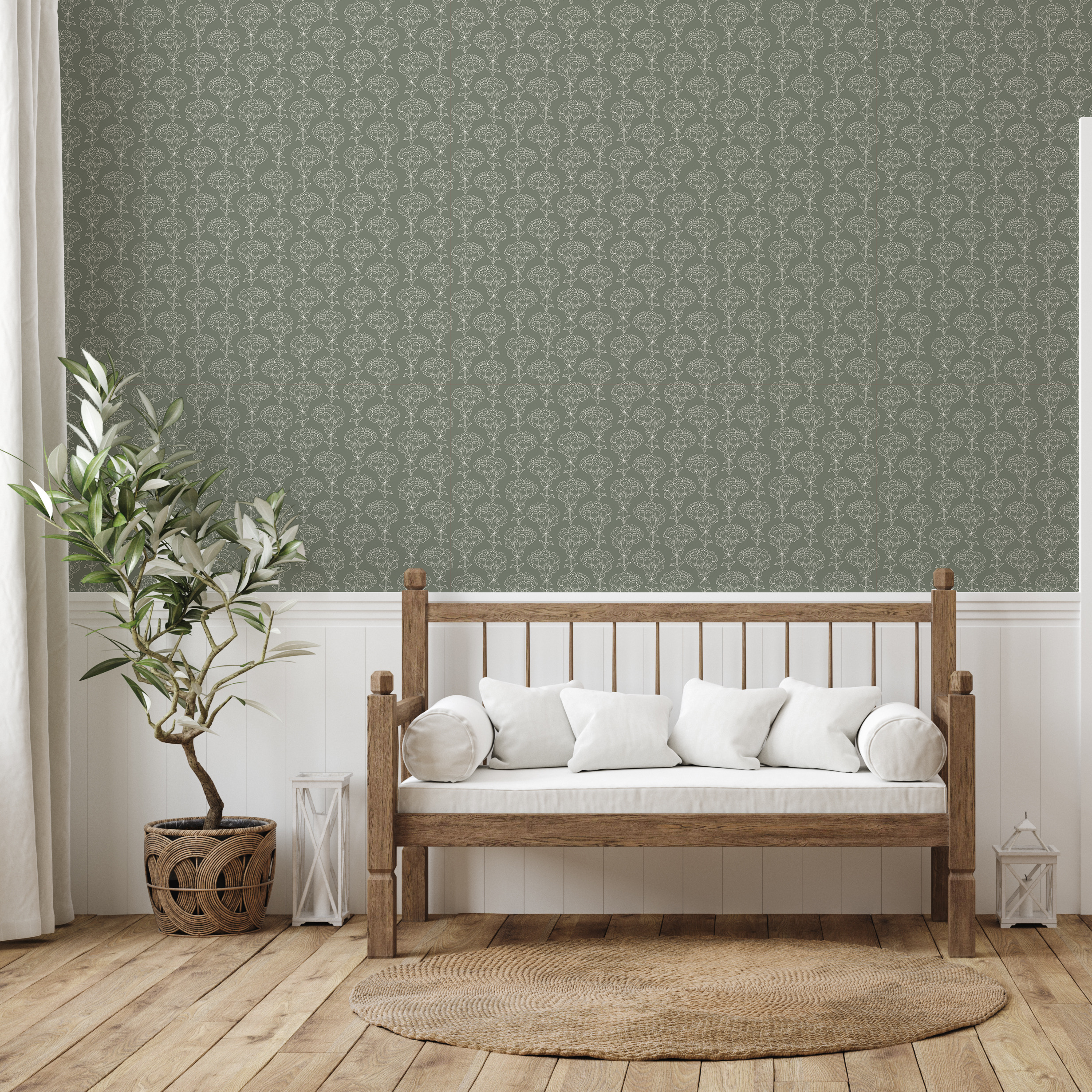Calista sage green and off-white floral wallpaper with a cottagecore aesthetic