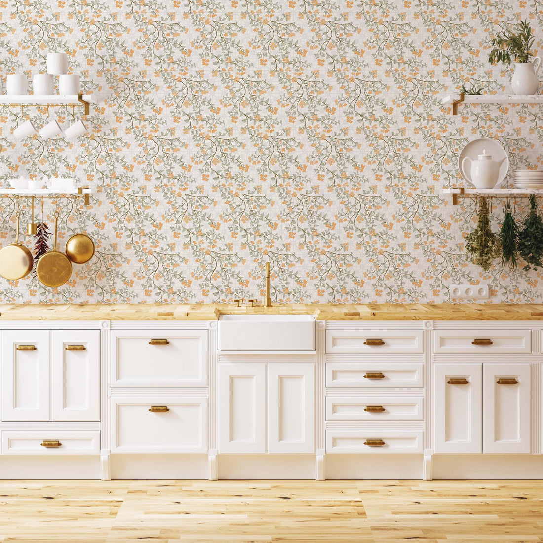 Calla floral removable wallpaper in white, orange, and sage-green for a traditional cottagecore look.