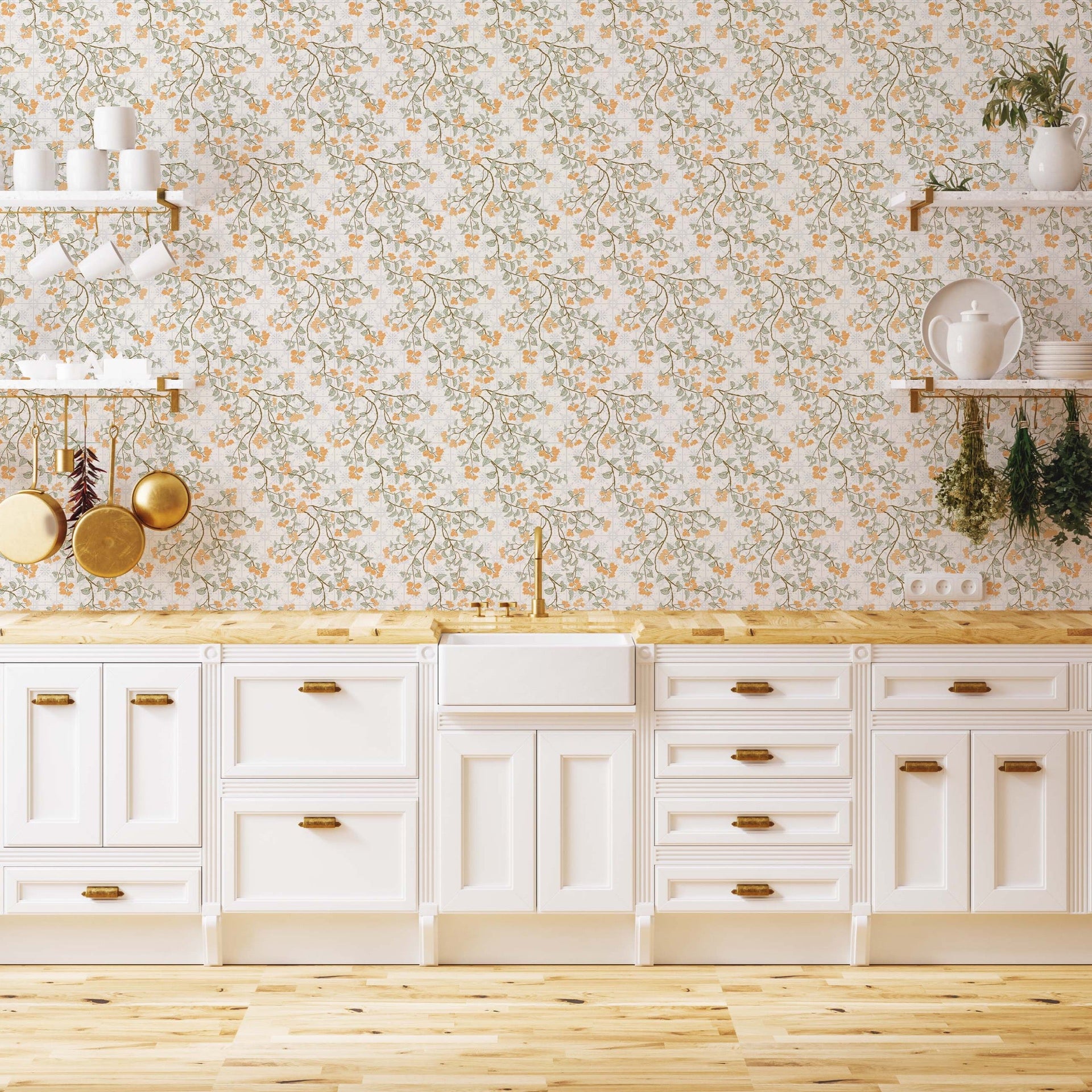 Calla floral removable wallpaper in white, orange, and sage-green for a traditional cottagecore look.