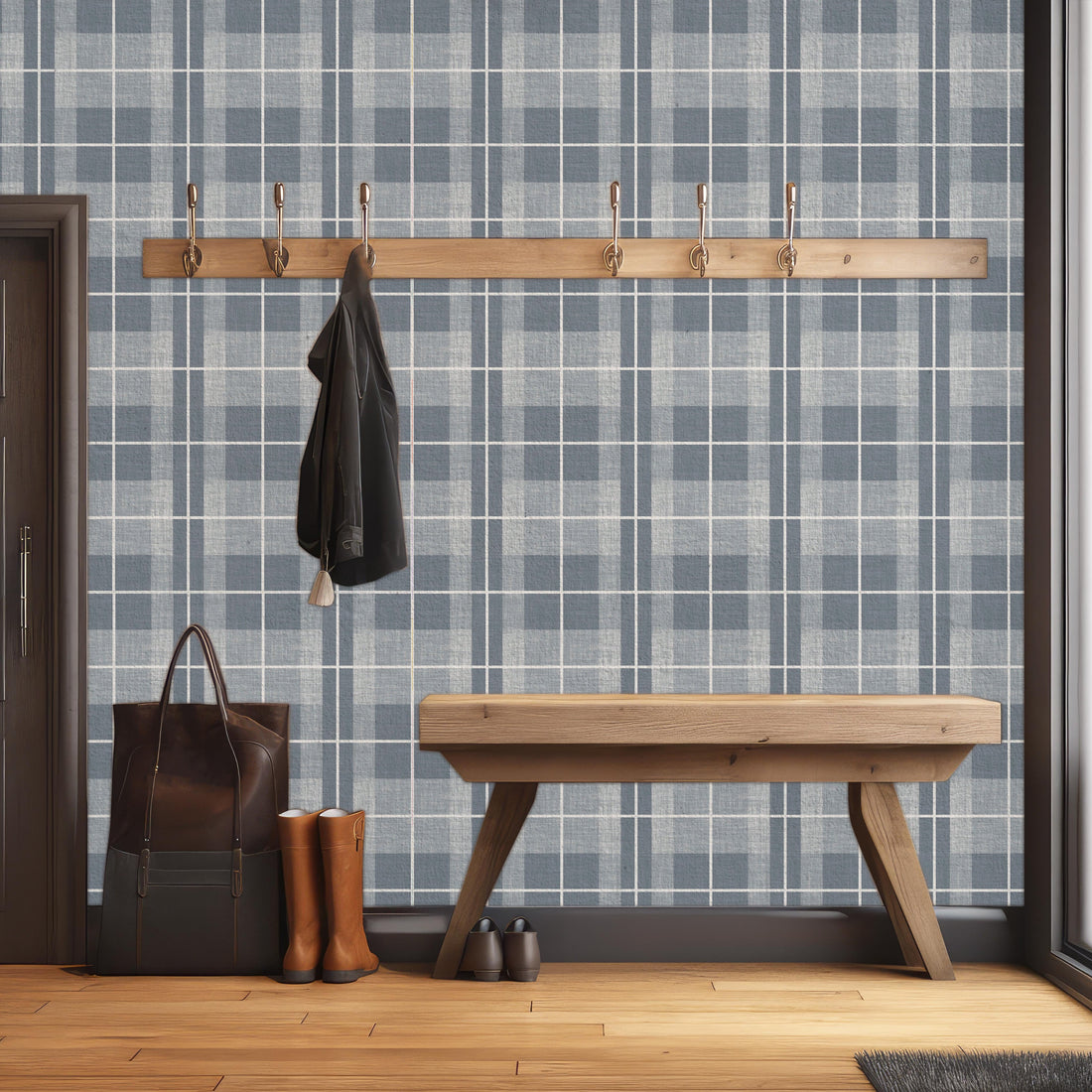 Callen plaid wallpaper in blue and white, perfect for a modern coastal look.