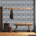 Callen plaid wallpaper in blue and white, perfect for a modern coastal look.